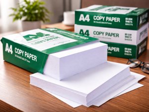 Reams of white A4 copy paper stacked for export
