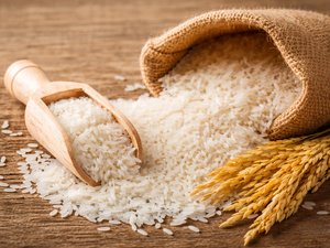 Rice grains spilling from a burlap sack with a wooden scoop