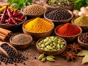Assorted whole spices in bowls